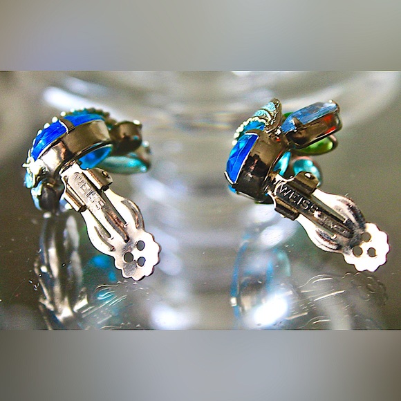 WEISS EARRINGS CLIP ON VINTAGE  GREENS BLUES CRYSTAL SILVER - Picture 8 of 8